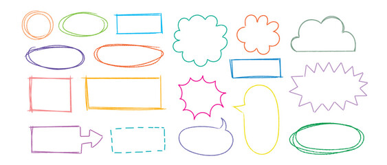 Set of Colorful speech bubbles in Hand-drawn style , chatting box, message box, text box, think balloon, speak bubble, cartoon elements vector illustration