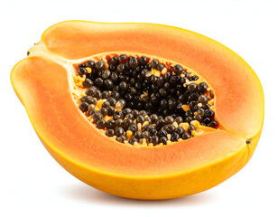Juicy half of a ripe tropical papaya with vibrant orange flesh and black seeds, isolated on a clean white background.