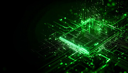 Futuristic technology concept with a glowing green CPU and digital data streams on a circuit board. Abstract background of a powerful computer processor.