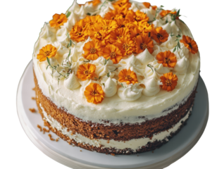 Stunning layer cake featuring fresh orange blooms on a simple white stand on transparent background