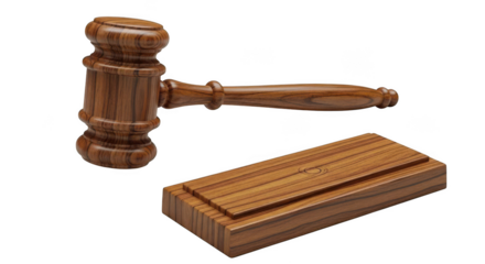 Wooden gavel and sounding block isolated on transparent background