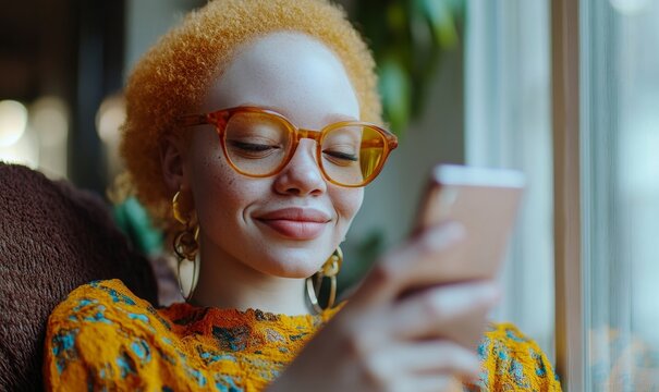 Happy black albino woman texting on her smartphone. Female with albinism smiling as she uses social media, highlighting digital inclusion and connection, Generative AI