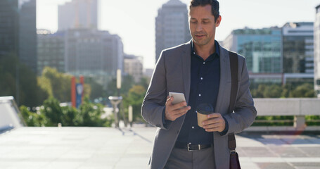 Phone, businessman and city with walk for commute, social media or networking research. Man,...