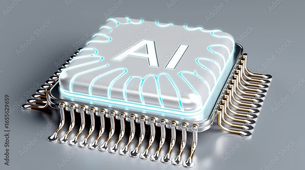 Poster artificial intelligence microchip with glowing blue circuit lines and metallic pins smooth surface, 
