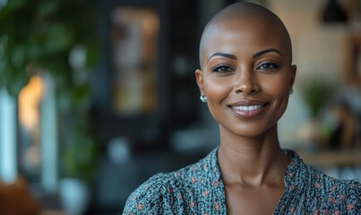 Happy black woman with alopecia working remotely at home on a video call. Smiling African American female office worker with a shaved head. Emphasizing inclusive and diverse, Generative AI
