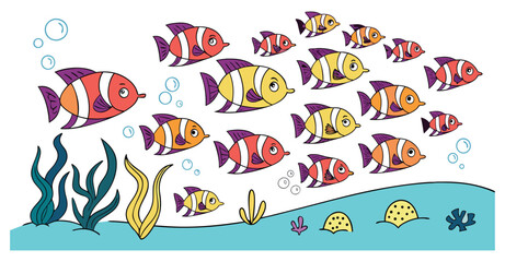 A Large School of Cartoon Fish Swimming in Blue Water with Underwater Plants and Sand illustration