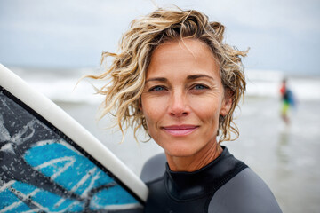 portrait of a woman standing in the surf with a surfboard under her arm