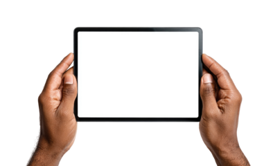 Hands holding a tablet computer with a blank white screen