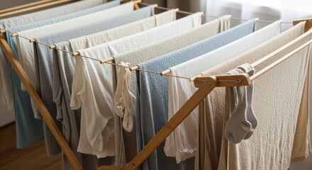 Freshly laundered garments air-drying on a traditional wooden clothes rack indoors, symbolizing eco-friendly home living and sustainable laundry practices.