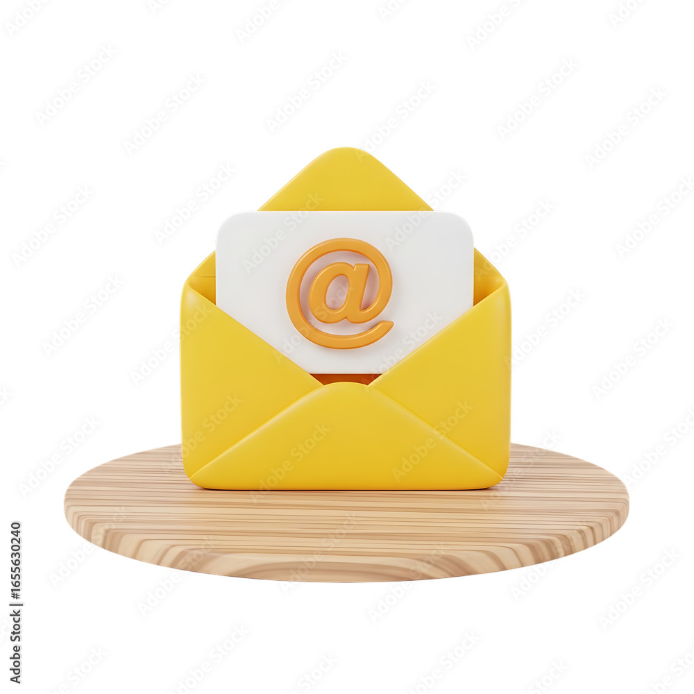 Fototapete a 3d rendering of a yellow envelope with an email symbol on a card, isolated on transparent backgrou