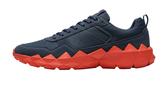 Modern Athletic Shoe with Geometric Orange Sole on White Background.