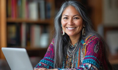 Happy Native American Indian woman working remotely at a laptop. Smiling ethnic woman collaborating with colleagues on a virtual video call meeting. Promoting inclusion, Generative AI
