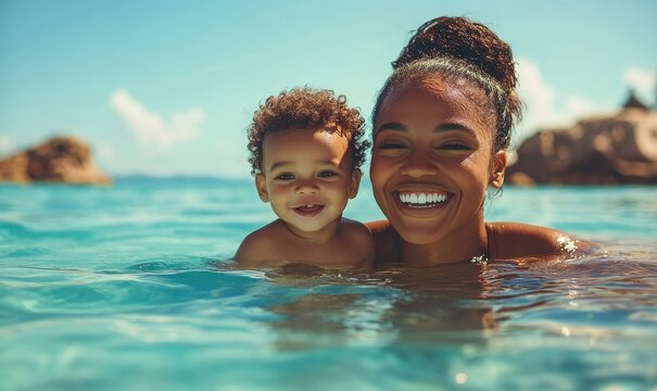 Happy African American mother and son swimming together in the sea on a summer island vacation holiday. Smiling black mother and toddler bonding while learning to swim, Generative AI
