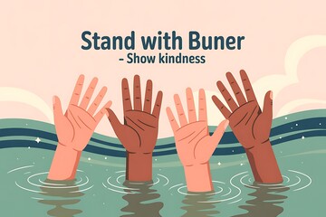 Unite with open hands reaching up from water symbolizing solidarity and encouraging acts of kindness and support for community well-being
