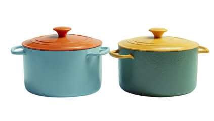 Two matching vintage-style cooking pots, one light teal, the other dark green-gray, with orange and mustard yellow lids respectively.  Both feature handles and a rounded shape