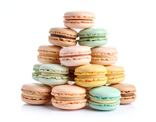 Fototapeta premium A delightful pyramid stack of assorted pastel macarons isolated on a clean white background, showcasing a variety of delicious French confectionery treats.