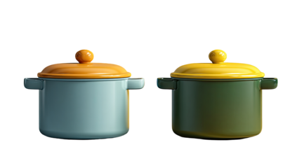 Two ceramic pots, light teal and dark olive green, with matching orange lids, sit side-by-side against a black background.  Simple handles and rounded shapes