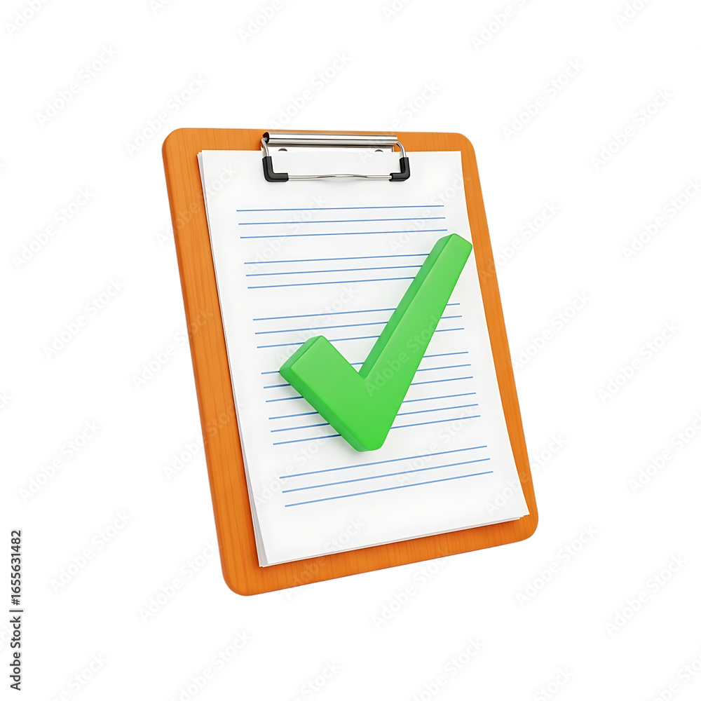 Poster a clipboard with a green check mark on a document, symbolizing approval and task completion isolated