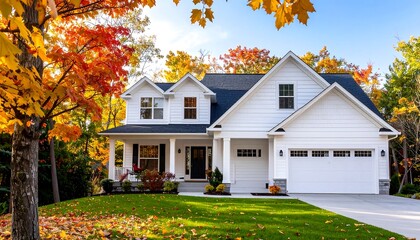 Two-story white house, fall foliage