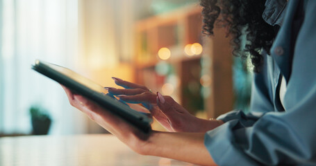 Home, hands and woman with tablet, scroll and social media with website info, network and...