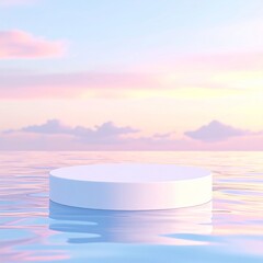 White Podium on Calm Ocean at Sunset with Pastel Sky Background Presentation