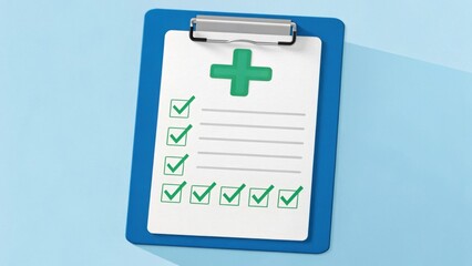 Fototapeta premium Medical clipboard with checklist and green cross symbol