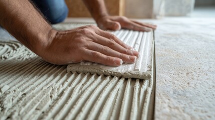 Skilled Craftsman Laying Tile Adhesive on Floor Surface During Home Renovation Project in Bright Indoor Setting