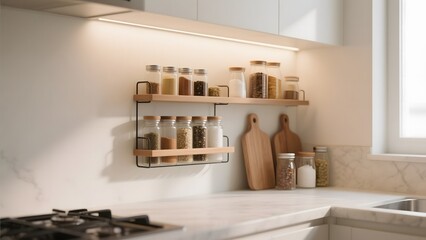 Modern kitchen with spice rack, wooden cutting boards, and marble countertop