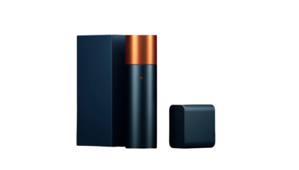Dark navy blue battery and packaging on black background. Copper accents