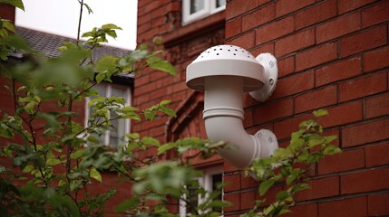 White Vent Pipe Installed on Red Brick Wall Surrounded by Greenery in Residential Area