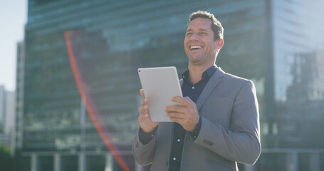 Laugh, businessman and city with tablet for social media, research or networking joke. Man,...