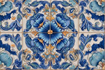 Ceramic tiles feature a blue floral design set against a pale background