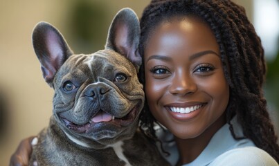 Fototapeta premium Happy African American woman cuddling a French Bulldog in the workplace. Smiling black female businesswoman holding her office dog, enhancing workplace culture and team morale, Generative AI