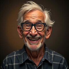 Obraz premium Studio headshot of a cheerful elderly man with white hair and glasses sharing a joyful, contagious, and toothy smile.