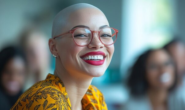Albino woman with a shaved head laughing with a diverse team of colleagues in a relaxed collaborative office meeting. Happy black female with albinism socializing with coworkers, Generative AI - Powered by Adobe