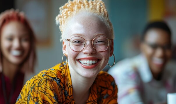 Black albino woman with vitiligo laughing with a diverse team of colleagues in a relaxed collaborative office meeting. Happy female with albinism socializing with coworkers, Generative AI