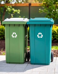 Two green and teal recycling bins outdoors