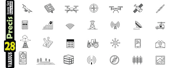 Set of Icons Representing Technology and Agriculture with Drones and Satellites communication