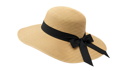 Woven straw sun hat with black ribbon accent isolated on transparent background