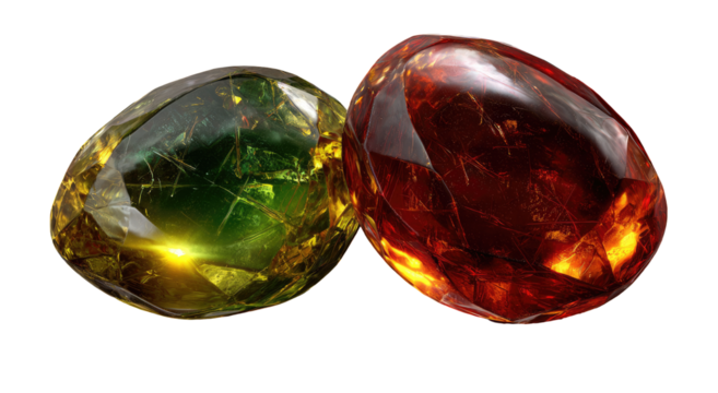 Two polished gemstones, one green-yellow, the other reddish-brown,  close-up,  against a black background.  Their surfaces exhibit facets and a translucent quality