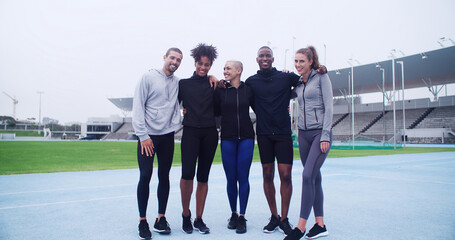 Runner, portrait and fitness with people on race track for workout, cardio challenge and marathon...