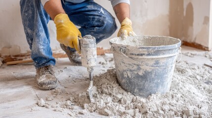 Construction Worker Mixing Plaster with Handheld Mixer in Renovation Project for Home Improvement
