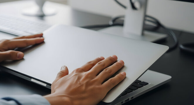 Close up of hands closing a silver laptop computer modern technology device digital workspace office work productivity efficiency innovation technology progress future