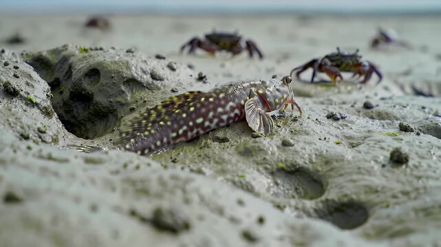 Pair of mudskippers on wet mudflat with crabs, amphibious fish in mangrove habitat
