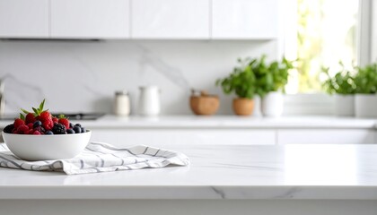 Berries in bowl with modern kitchen.