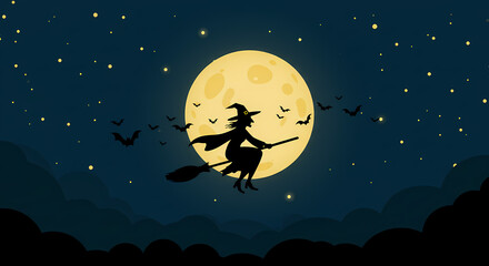 Naklejka premium Silhouette of a Witch Flying on a Broom Under a Full Moon