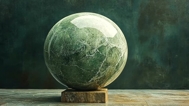 A polished green marble sphere resting on a stone base against a textured background