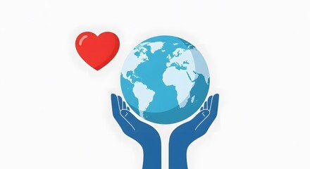Two hands gently holding a blue Earth globe with a red heart; flat-lay illustration style; conveying care and global love; against a white background.