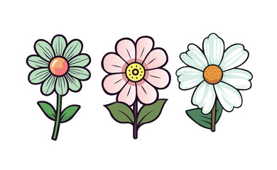 Three stylized daisy flowers in pastel colors, illustrated with simple line art and minimal detail.