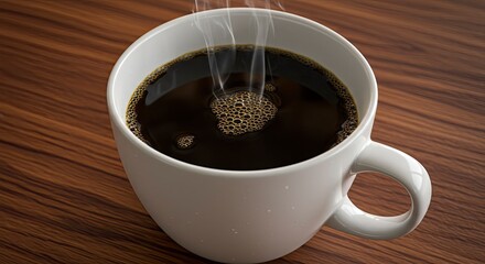 Steaming Hot Coffee in a White Mug on a Wooden Table